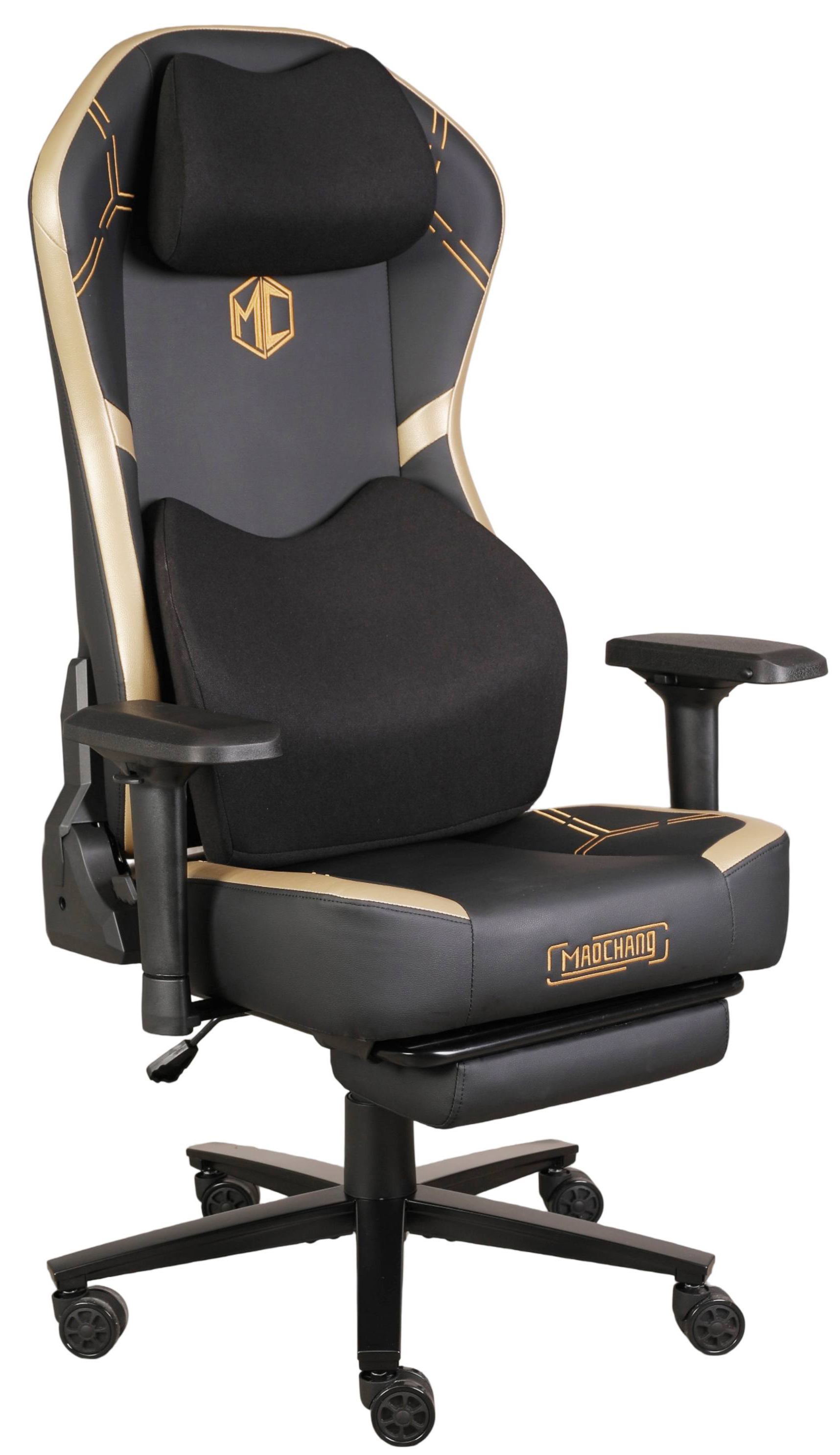 Black Gold Gaming Chair with Footrest, Premium PU & Fabric Ergonomic Recliner Computer Chair for Luxury Gaming Room MC1034-1